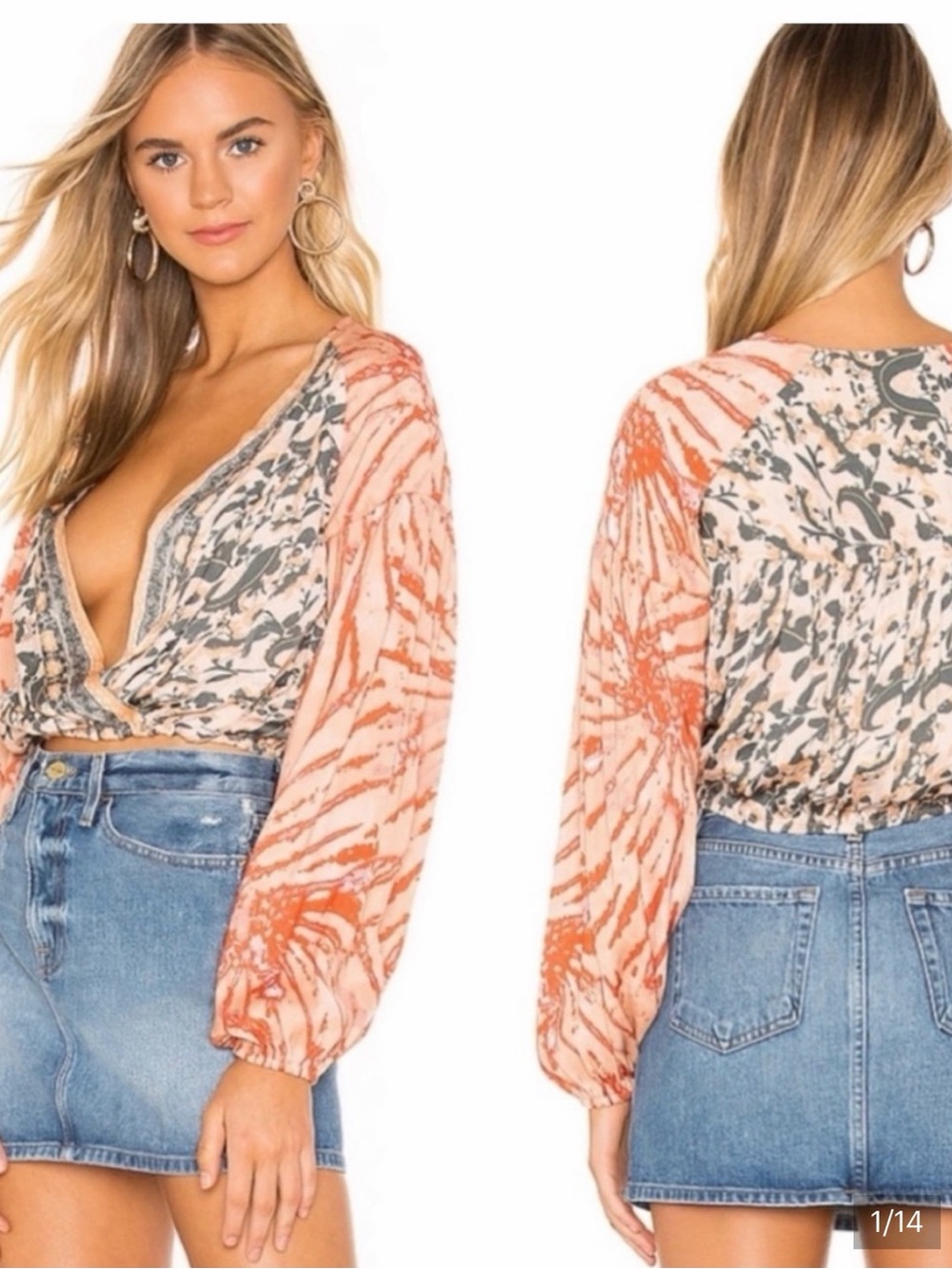 Free People Peach Printed Cropped Wrap Top with Lace Trim - Picture 4 of 4